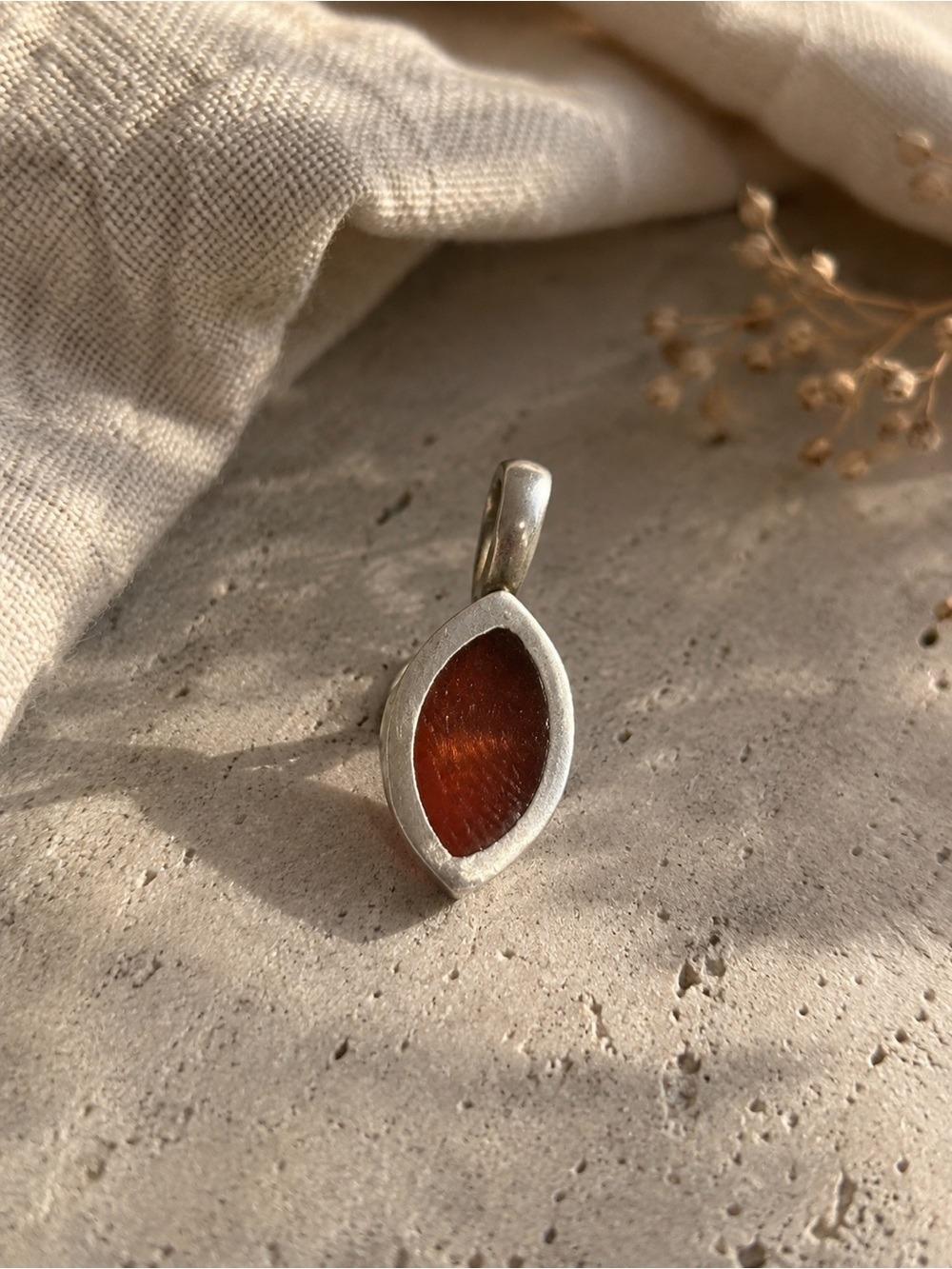 Sterling Silver Minimalist Marquise Pendant • Designer Signed .925 • Amber Tone
